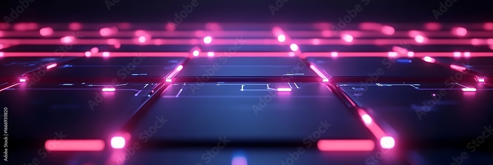 Poster technological circuitry: a close-up shot of a futuristic circuit board, illuminated with neon lights