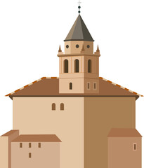 Vector illustration of a historic Spanish church with a bell tower and traditional architecture.