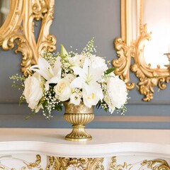 Generated image White Flowers in Vase on Mantelpiece with Baroque Scrollwork