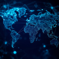 Cyber technology concept of connected world map with illuminated digital pathways.