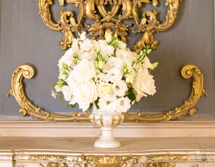 Generated image White Flowers in Vase on Mantelpiece with Baroque Scrollwork