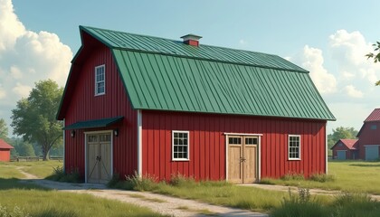 Obraz premium Rustic red barn with green metal roof offers ample storage workshop space. Features classic gambrel design with double wooden doors, windows. Situated in sunny rural landscape, complements farm