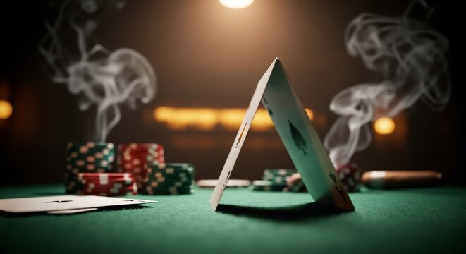 Dramatic poker game scene with cards, chips, and cigar smoke. Ideal for casino promotions, gambling blogs, or advertising for gaming events. Vegas, poker night themes.