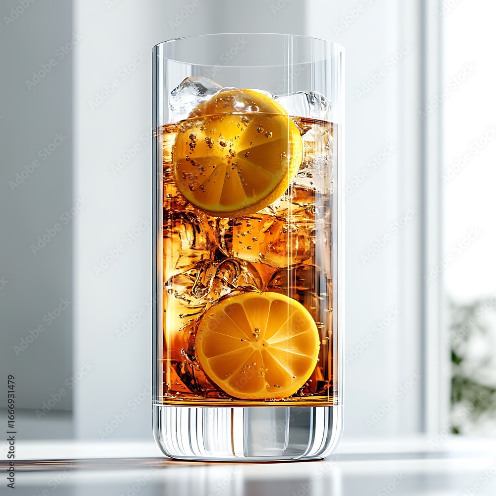 Poster iced drink with citrus slices: a refreshing clear glass brimming with a chilled beverage, adorned wi