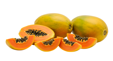 Still life of two whole papayas with sliced papaya and seeds on a black background studio shot isolated on transparent white background]