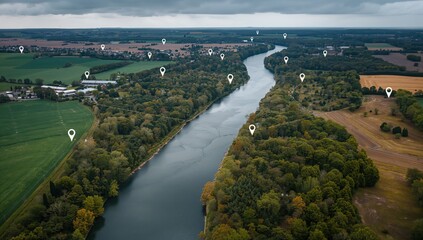 Connected River Landscape with Location Pins Aerial View Networked Countryside