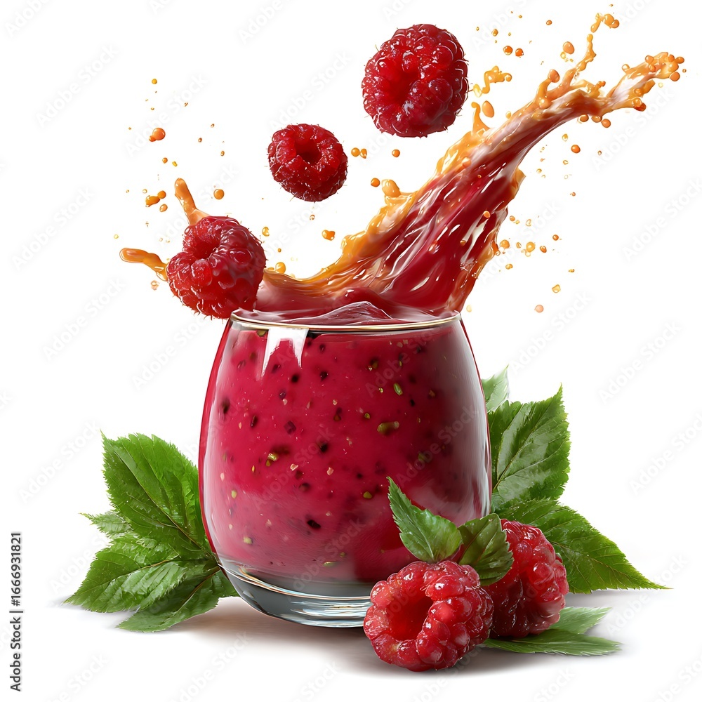 Poster raspberry smoothie splatter: a dynamic splash of a raspberry smoothie bursts from a glass, showcasin