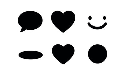vector solid black filled icons warm heartedness (kind words): speech bubble heart icon smile line shadow smear highlight rim light dot.