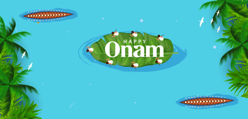Sadya feast on banana leaf in celebration background for Happy Onam festival of South India Kerala