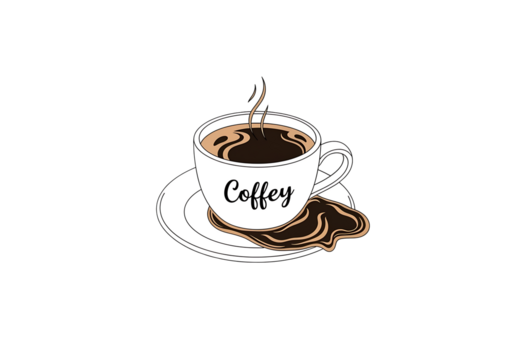 A stylized illustration of a coffee cup and saucer, showcasing a steaming beverage and coffee drips, presented in a simple, elegant design.