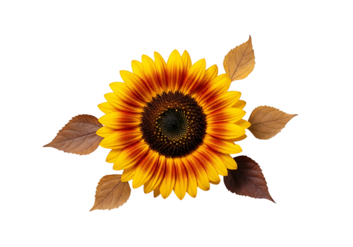 A vibrant sunflower, highlighted against a striking black backdrop, with complementary autumnal leaves, showcasing a beautiful autumnal mood.