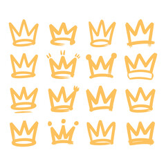 Fototapeta premium A collection of hand-drawn doodle crowns in a golden yellow color. A set of royal graffiti-style sketch art vector illustration