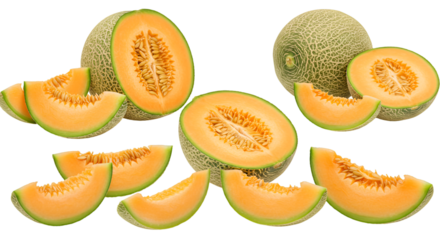 Arrangement of cantaloupe melons with slices and halves on a dark background creating a fresh look isolated on transparent white background]