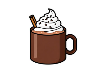 A charming illustration of a mug filled with a warm beverage topped with fluffy whipped cream and chocolate chips.