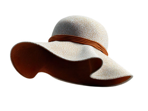 Elegant women's sun hat with a wide brim and decorative band, perfect for summer days outdoors., transparent png, cutout