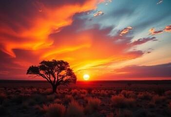 Fiery outback sunset paints the sky, casting long shadows on sparse shrubs and a lone tree,   outback scenery,  orange