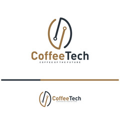 Coffee bean logo with data connection. Creative coffee tech logo template vector illustration