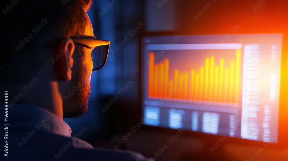Poster person analyzing data on computer screen with colorful graphics and evening light effects