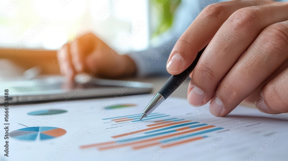 Poster business professional analyzing graphs and charts with a pen in a modern office setting