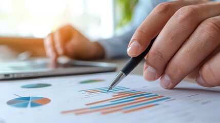Business professional analyzing graphs and charts with a pen in a modern office setting