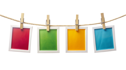 Four Colorful Instant Photo Frames Hanging on a Rope – PNG Clipart Isolated on Transparent Background