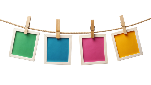 Four Colorful Instant Photo Frames Hanging on a Rope – PNG Clipart Isolated on Transparent Background