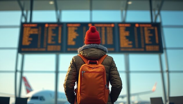 Traveler with orange backpack checks flight information display board at modern airport terminal. Person in red hat, warm jacket waits near large windows overlooking runway, plane outside. Seamless