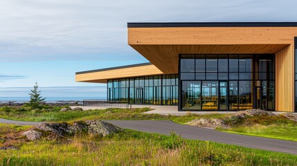 Modern Architectural Building Surrounded by Nature with Scenic Landscape and Blue Sky
