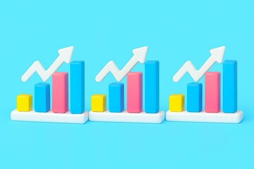Three colorful 3d bar charts with upward trending arrows against a bright blue background