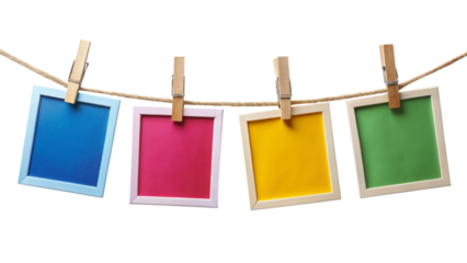 Four Colorful Instant Photo Frames Hanging on a Rope – PNG Clipart Isolated on Transparent Background