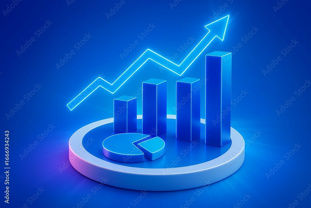 Poster futuristic glowing blue financial graph with rising arrow and pie chart on a circular platform