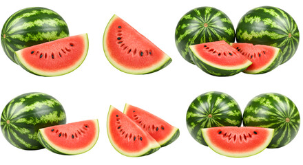 Arrangement of whole and sliced watermelons with red flesh and black seeds on a black background isolated on transparent white background]