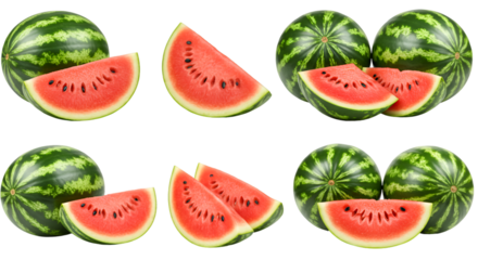 Arrangement of whole and sliced watermelons with red flesh and black seeds on a black background isolated on transparent white background]