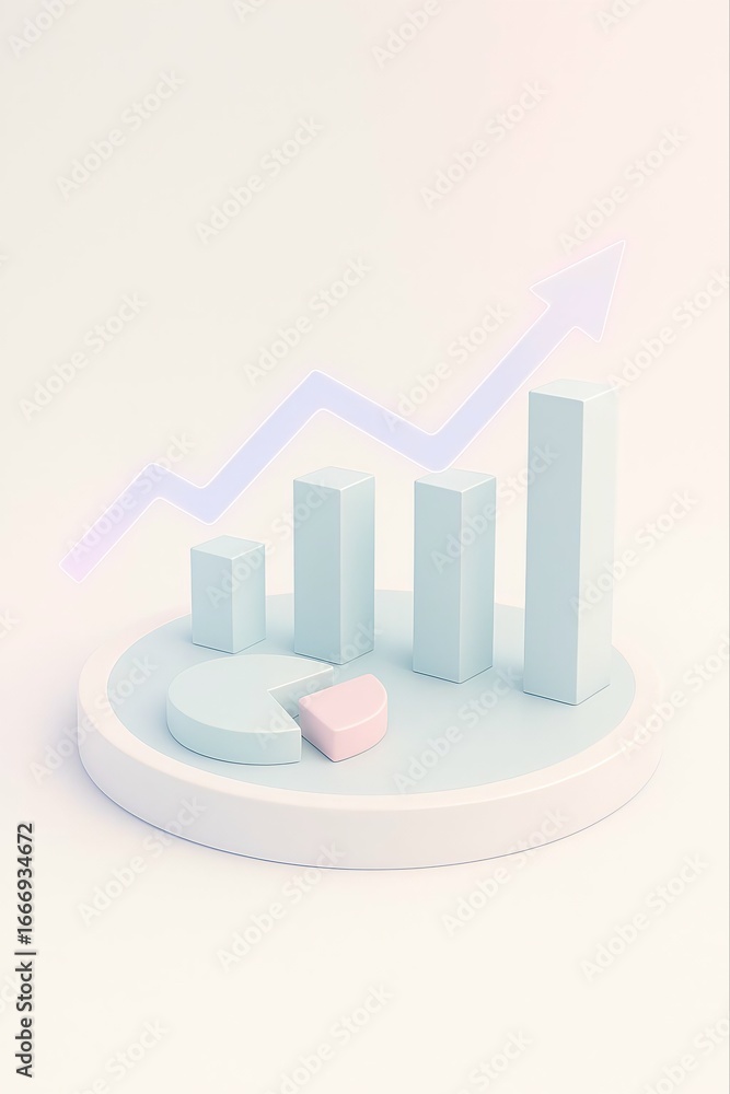 Poster abstract 3d rendering of a rising bar chart with a smooth upward trend line on a pastel background