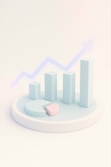 Abstract 3d rendering of a rising bar chart with a smooth upward trend line on a pastel background