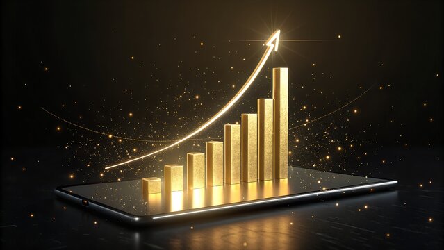Golden 3d bar chart with glowing upward arrow on digital tablet symbolizing success