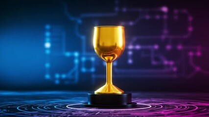 Golden trophy celebrates achievement on futuristic circuit board design background - Powered by Adobe