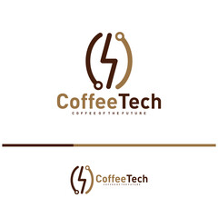 Coffee bean logo with data connection. Creative coffee tech logo template vector illustration
