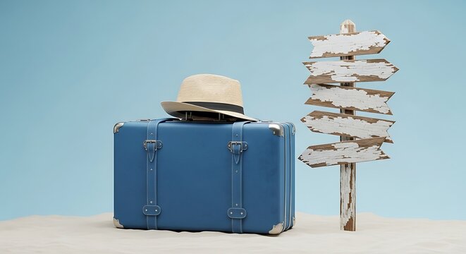 Vacation Crossroads Blue Vintage Suitcase, Straw Hat, and Directional Sign on Sandy Ground, Symbolizing Travel Choices and Getaways