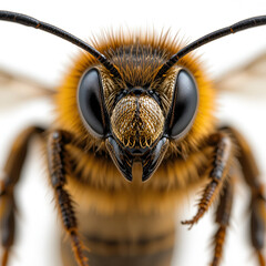 Macro Close-Up of a Honey Bee with Detailed Face and Eyes on White Background