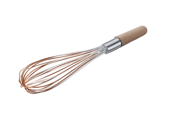 Kitchen whisk with wooden handle and copper wires, isolated on white transparent background