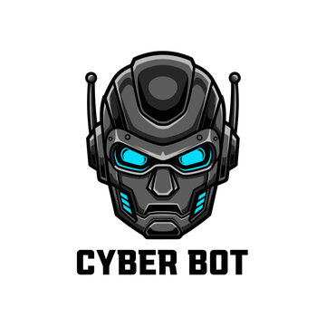 A sleek cyber bot head logo, futuristic and technological.