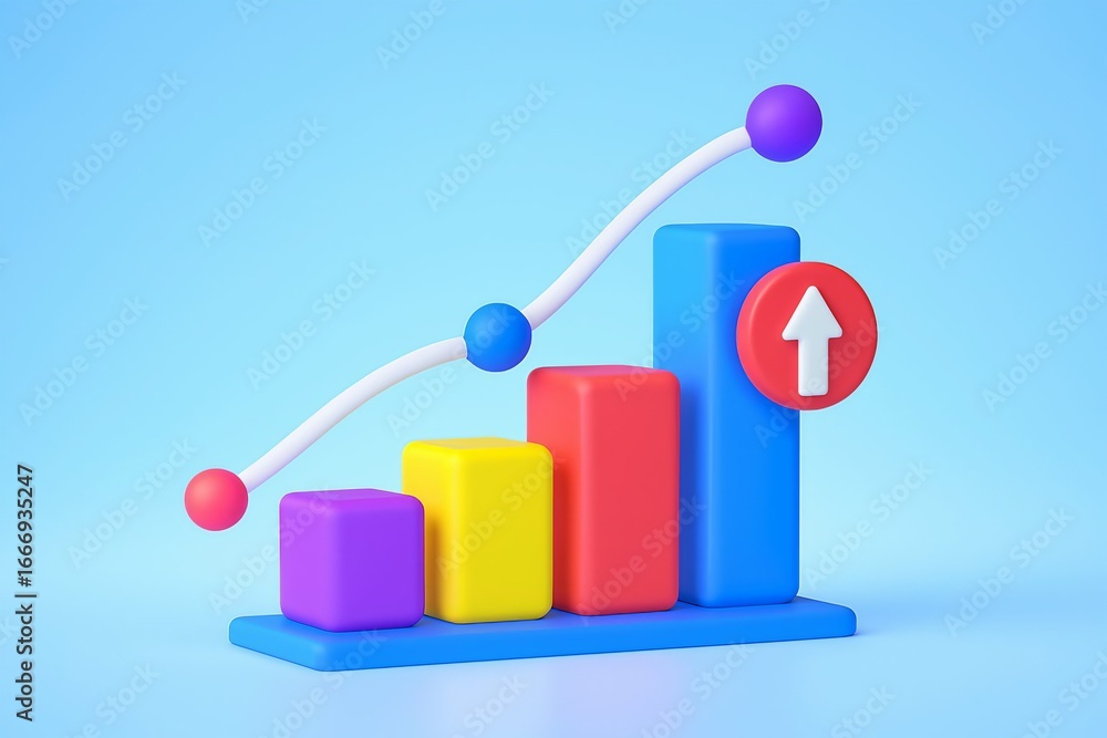 Poster 3d colorful bar chart with upward trend line and arrow indicating growth and progress