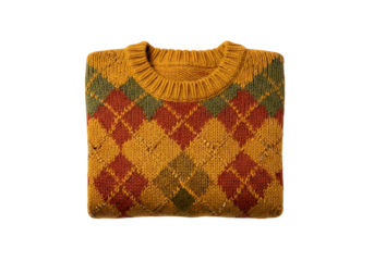 A folded, mustard-yellow argyle sweater, featuring a rich mix of mustard yellow, maroon, and olive green, displays a classic argyle pattern and a simple, draped silhouette against a black backdrop.