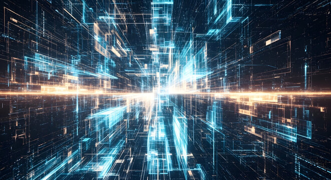 Generative AI creates complex digital art with light strokes and visible algorithms. Photorealistic, HD.