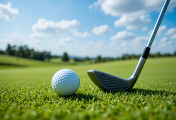 Golf Ball and Club on Green Fairway