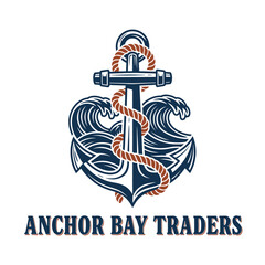 Naklejka premium Anchor Bay Traders logo featuring a vintage-style anchor surrounded by waves and rope.
