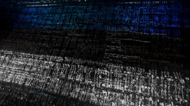 Estonia flag waving secure code. Estonian blowing banner cyber security attack and hack concept animation.