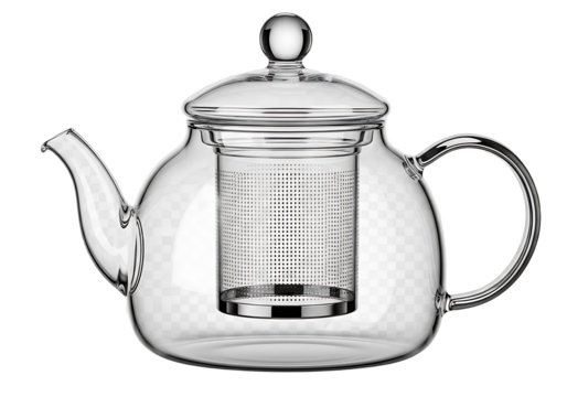 A transparent glass teapot with a built-in metal strainer is highlighted against a pure black background.