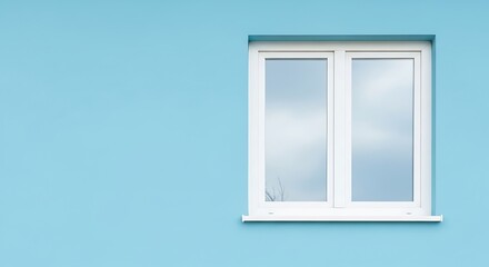 Minimalist architectural detail a pristine white window set against a serene light blue facade, embodying modern design principles and offering a tranquil backdrop with ample copy space